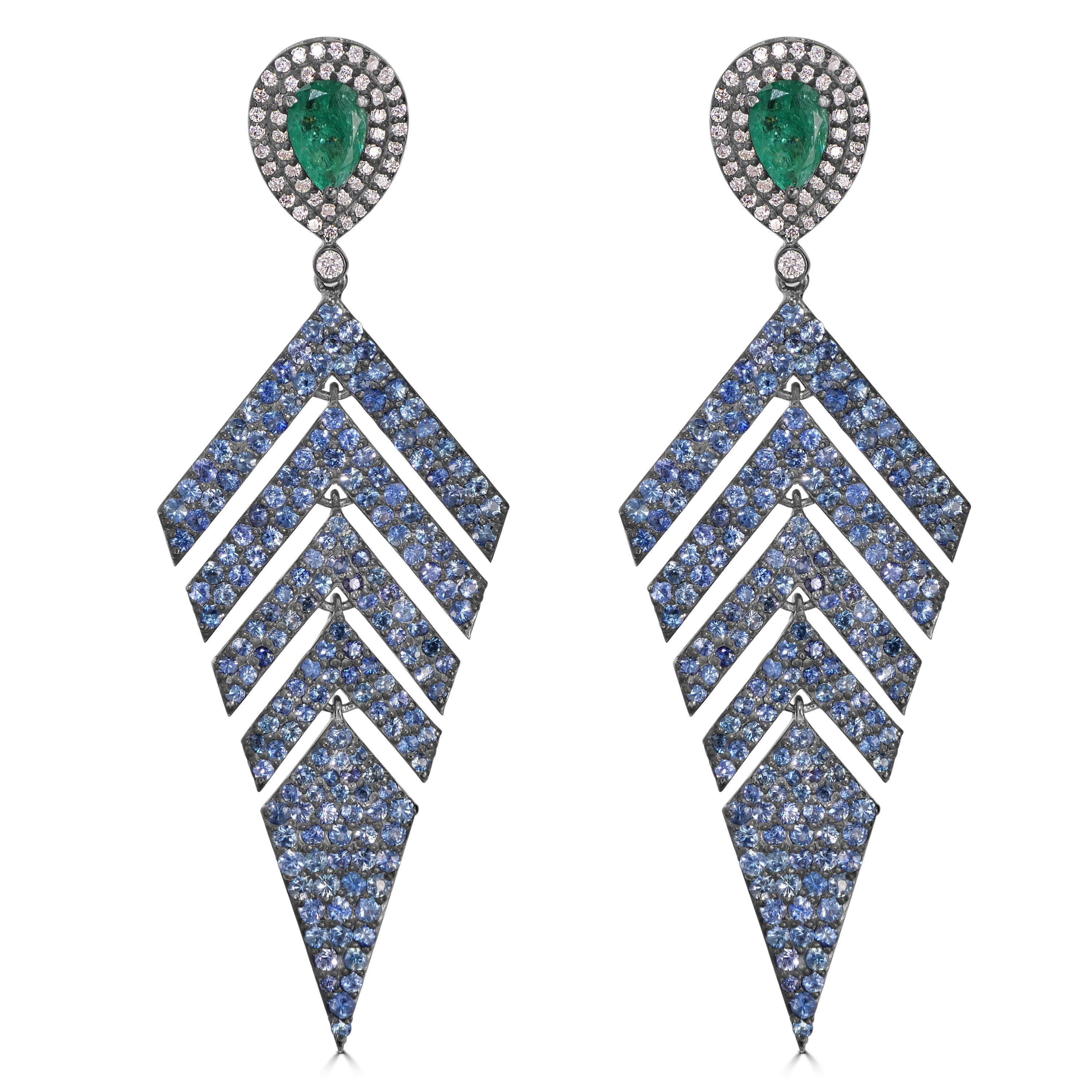 Victorian 6.43 Cttw. Emerald, Sapphire and Diamond Fern Leaf Dangle Earrings  In New Condition For Sale In New York, NY