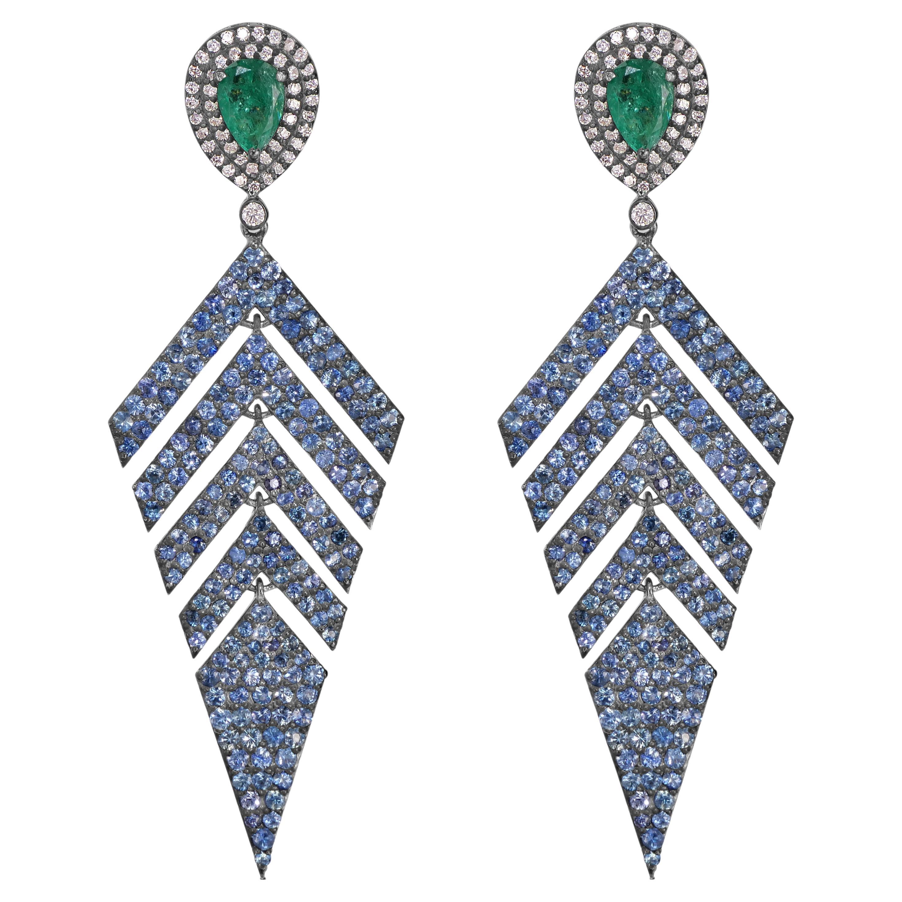 Victorian 6.43 Cttw. Emerald, Sapphire and Diamond Fern Leaf Dangle Earrings 