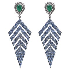 Victorian 6.43 Cttw. Emerald, Sapphire and Diamond Fern Leaf Dangle Earrings 