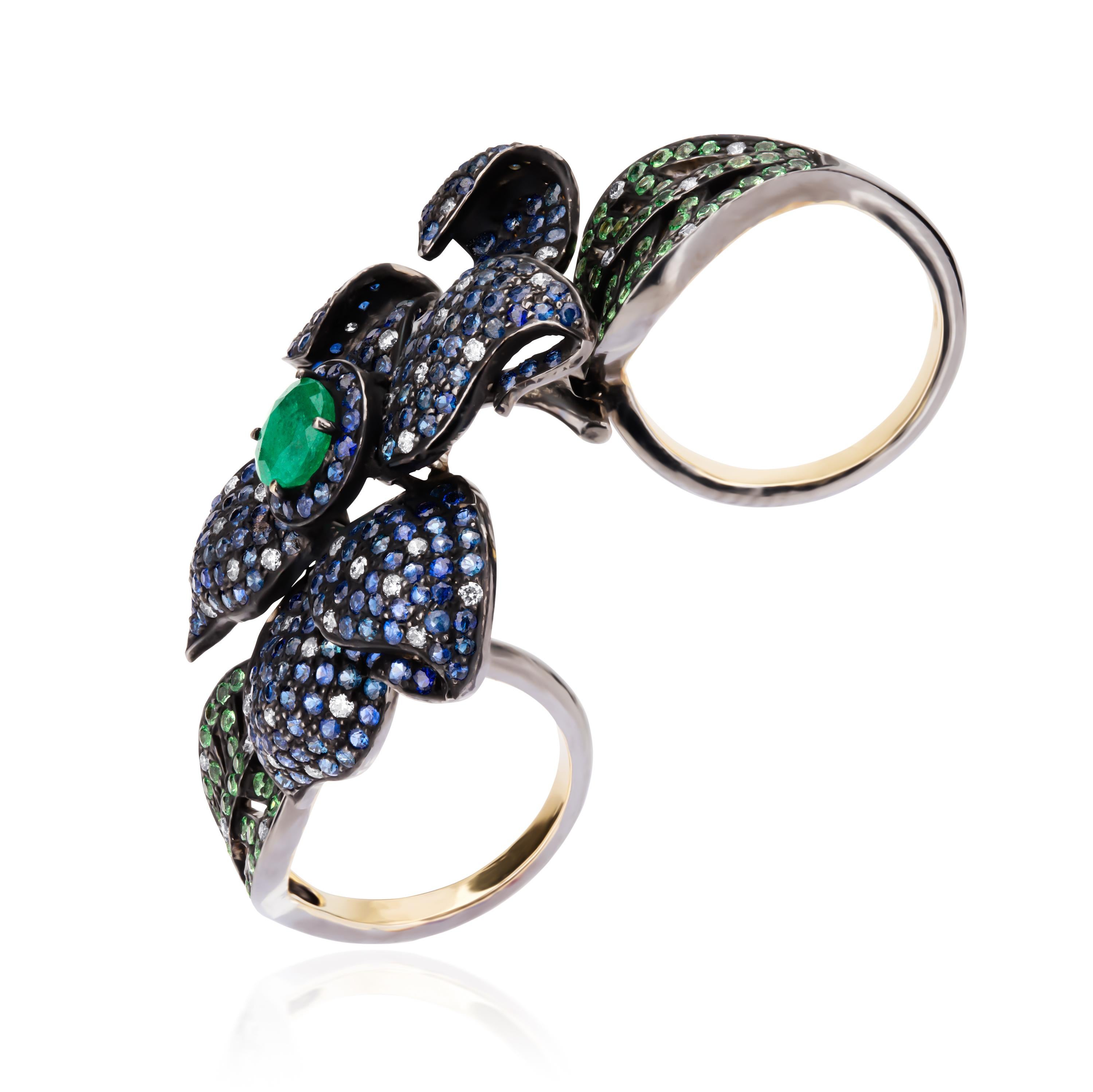 Women's Victorian 6.49cttw Emerald, Sapphire, Tsavorite and Diamond Double Finger Ring For Sale