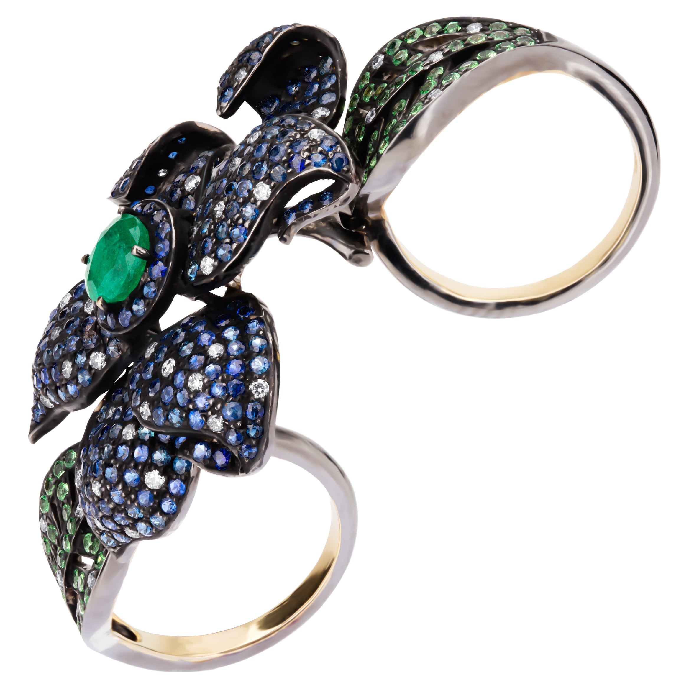 Bague à double doigt victorienne de 6,49 carats avec émeraude, saphir, tsavorite et diamant