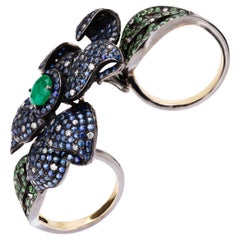 Victorian 6.49cttw Emerald, Sapphire, Tsavorite and Diamond Double Finger Ring