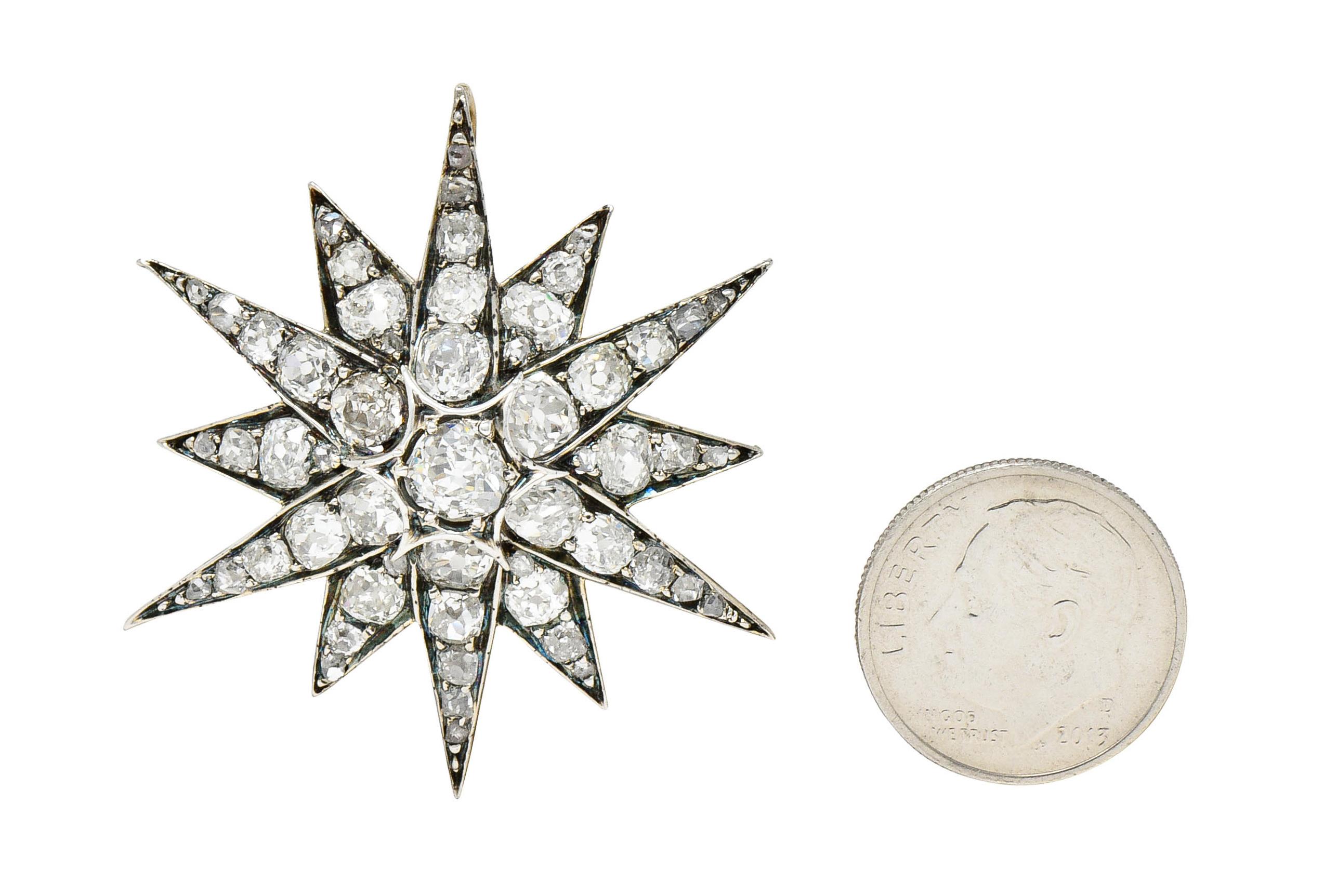 Victorian 6.50 Carats Diamond Silver-Topped 14 Karat Gold Starburst Pendant 5