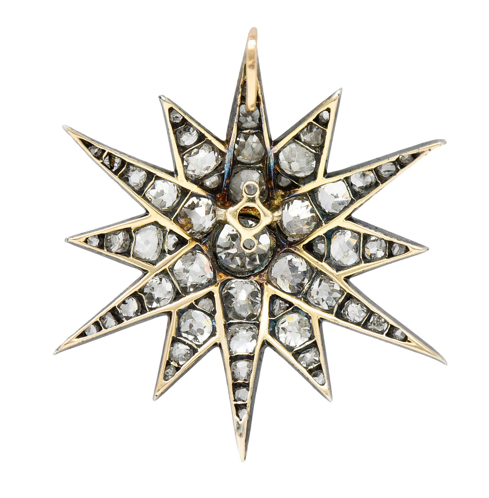 Old Mine Cut Victorian 6.50 Carats Diamond Silver-Topped 14 Karat Gold Starburst Pendant