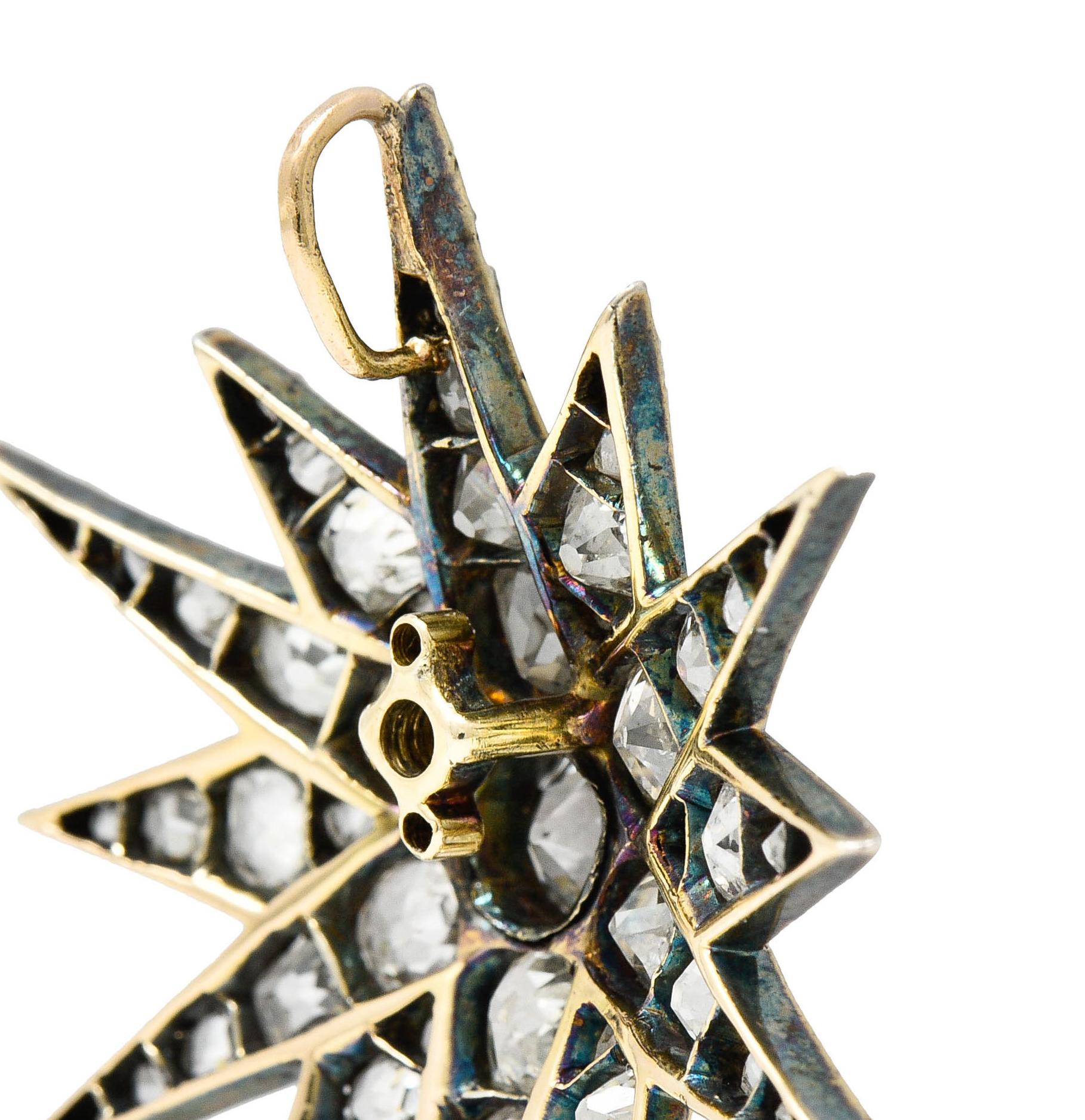 Women's or Men's Victorian 6.50 Carats Diamond Silver-Topped 14 Karat Gold Starburst Pendant