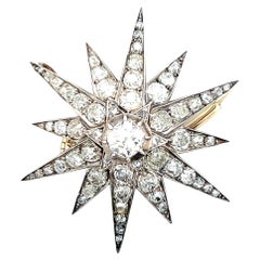 Victorian 6.50 tcw Old Mine Cut Diamond 14k Gold & Silver Starburst Brooch 1870s