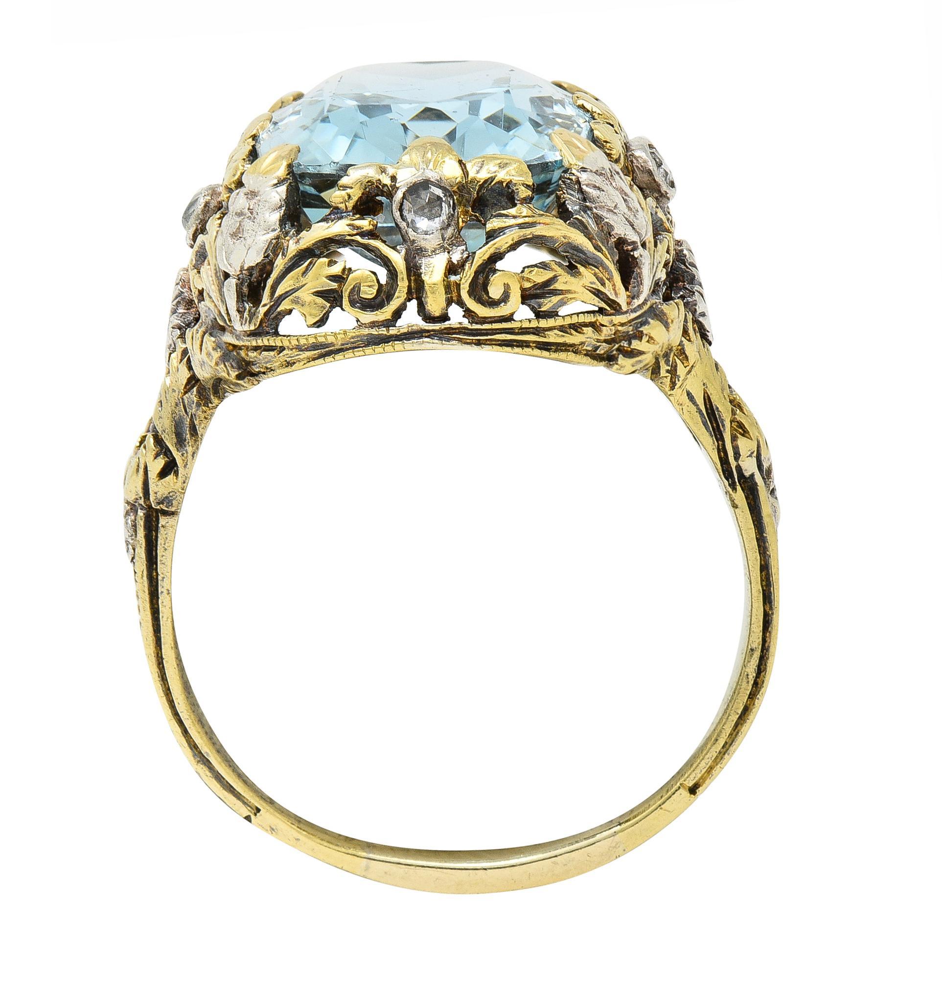 Victorian 6.52 CTW Aquamarine Diamond 14 Karat Gold Silver Floral Antique Ring 3