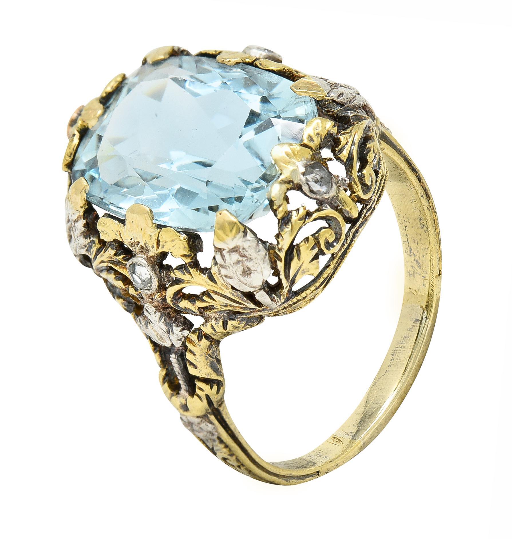 Victorian 6.52 CTW Aquamarine Diamond 14 Karat Gold Silver Floral Antique Ring 5