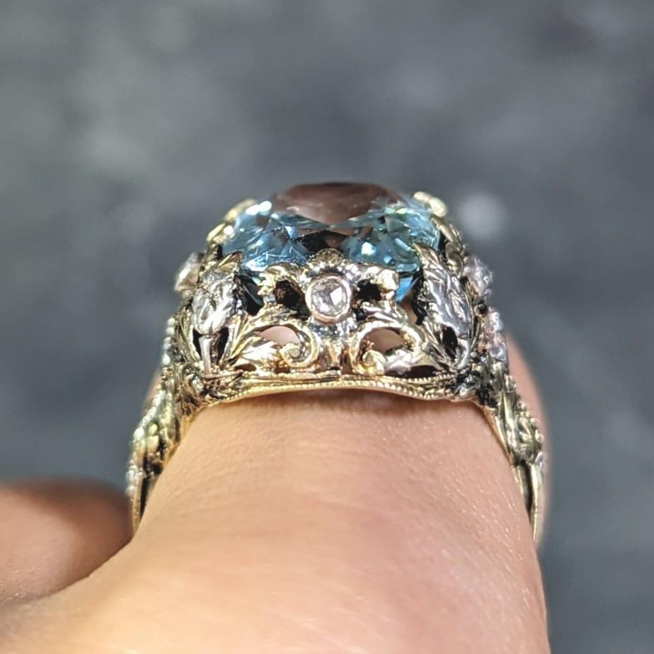 Victorian 6.52 CTW Aquamarine Diamond 14 Karat Gold Silver Floral Antique Ring 7