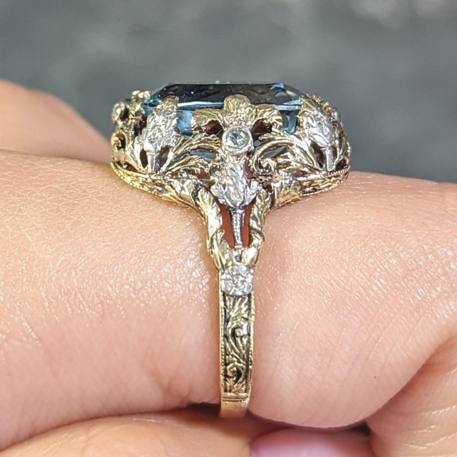 Victorian 6.52 CTW Aquamarine Diamond 14 Karat Gold Silver Floral Antique Ring 8