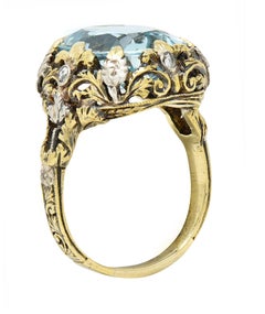 Victorian 6.52 CTW Aquamarine Diamond 14 Karat Gold Silver Floral Antique Ring