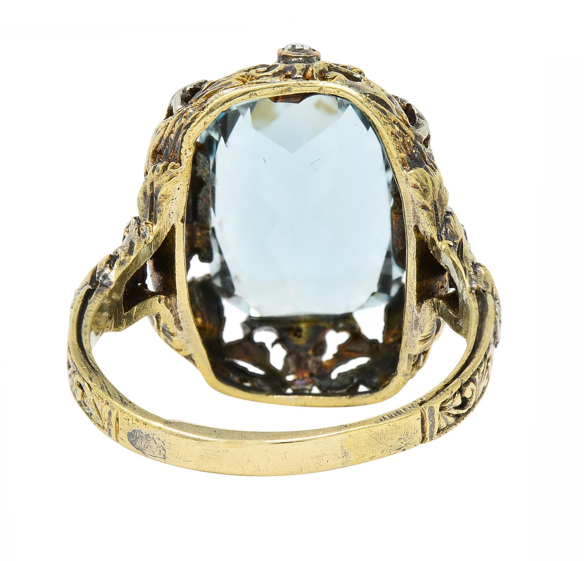 Cushion Cut Victorian 6.52 CTW Aquamarine Diamond 14 Karat Gold Silver Floral Antique Ring