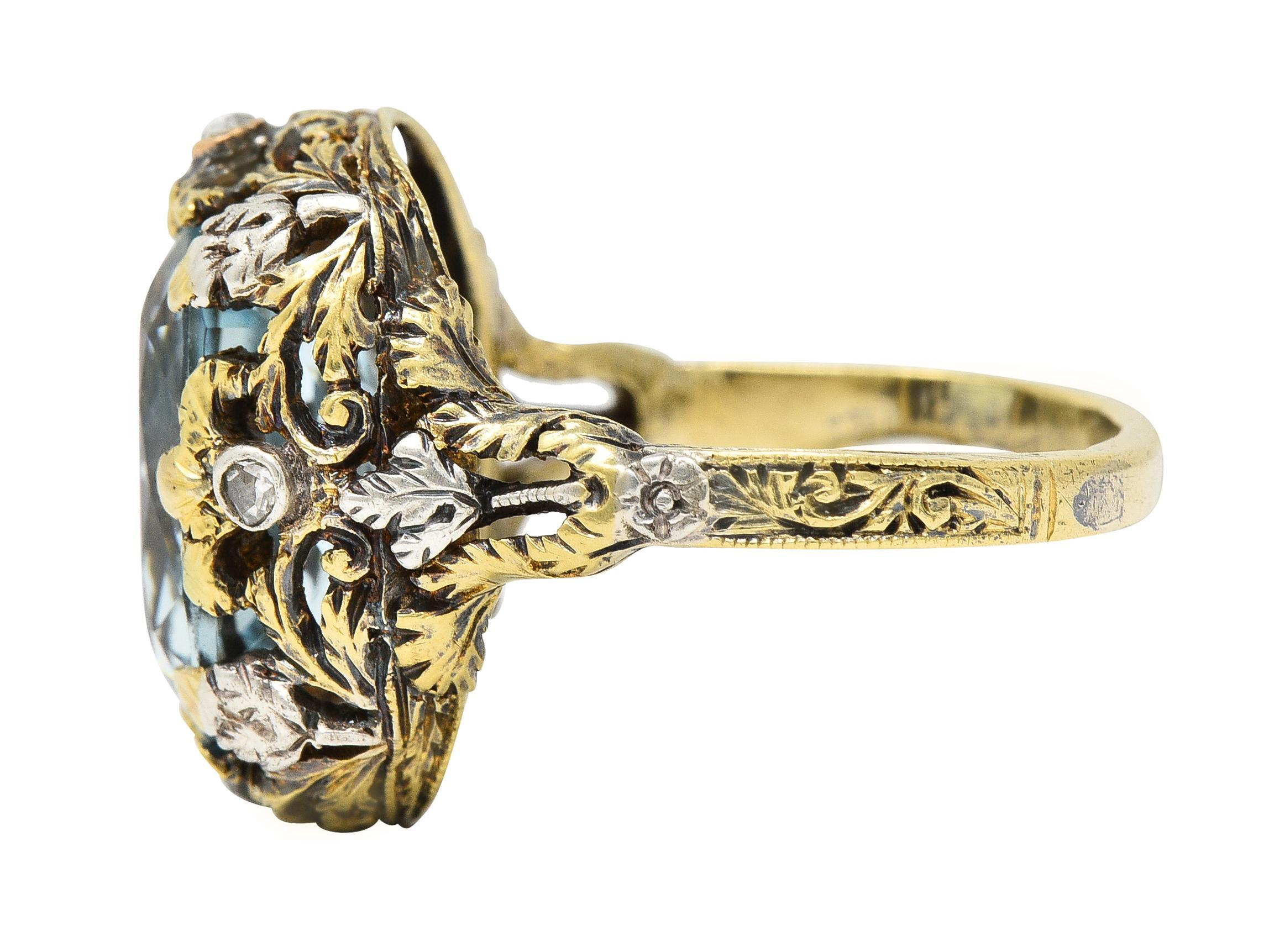 Victorian 6.52 CTW Aquamarine Diamond 14 Karat Gold Silver Floral Antique Ring In Excellent Condition In Philadelphia, PA