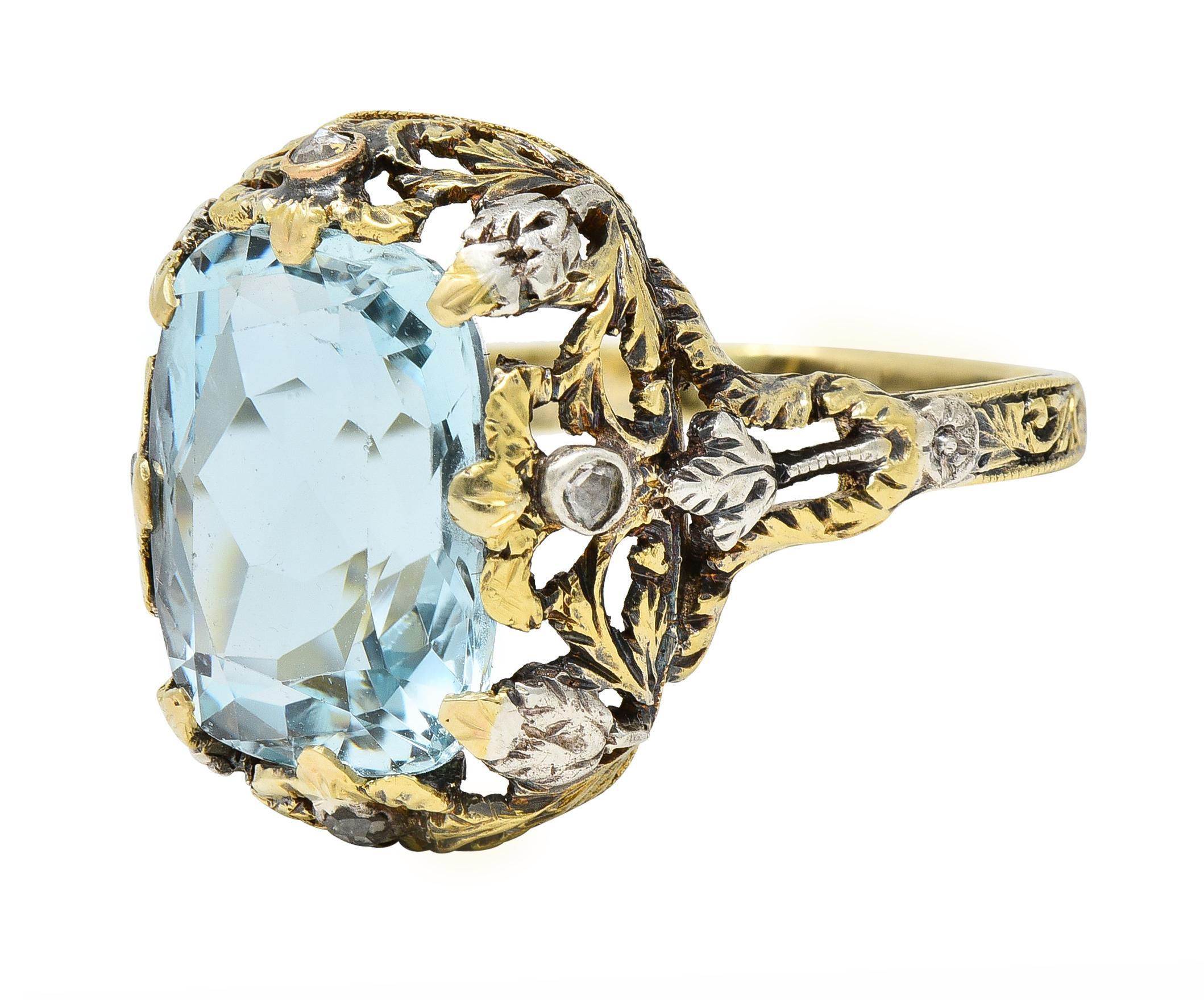 Women's or Men's Victorian 6.52 CTW Aquamarine Diamond 14 Karat Gold Silver Floral Antique Ring