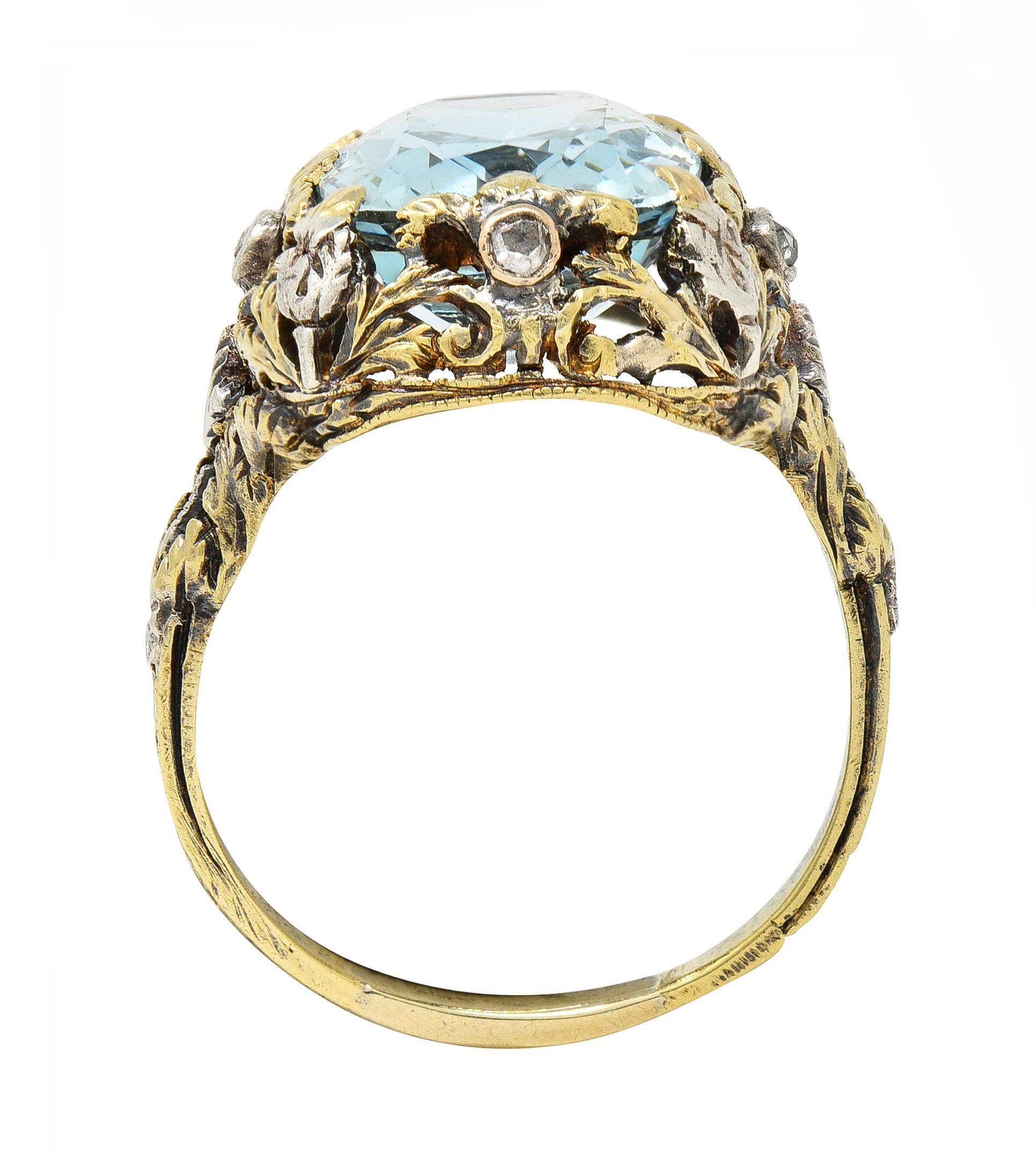 Victorian 6.52 CTW Aquamarine Diamond 14 Karat Gold Silver Floral Antique Ring 1