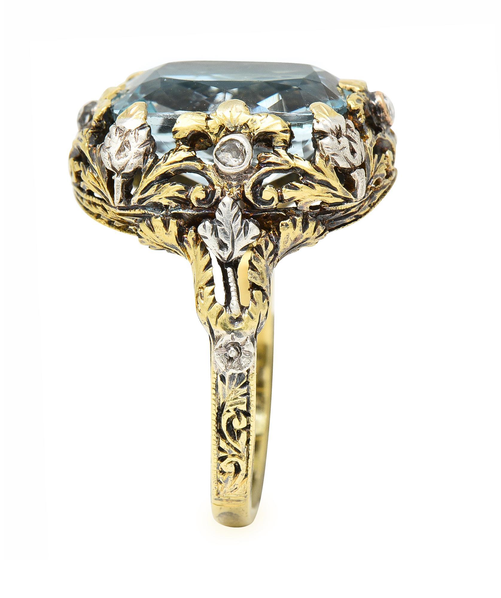 Victorian 6.52 CTW Aquamarine Diamond 14 Karat Gold Silver Floral Antique Ring 2