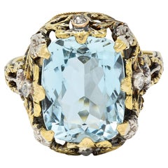 Victorian 6.52 CTW Aquamarine Diamond 14 Karat Gold Silver Floral Antique Ring