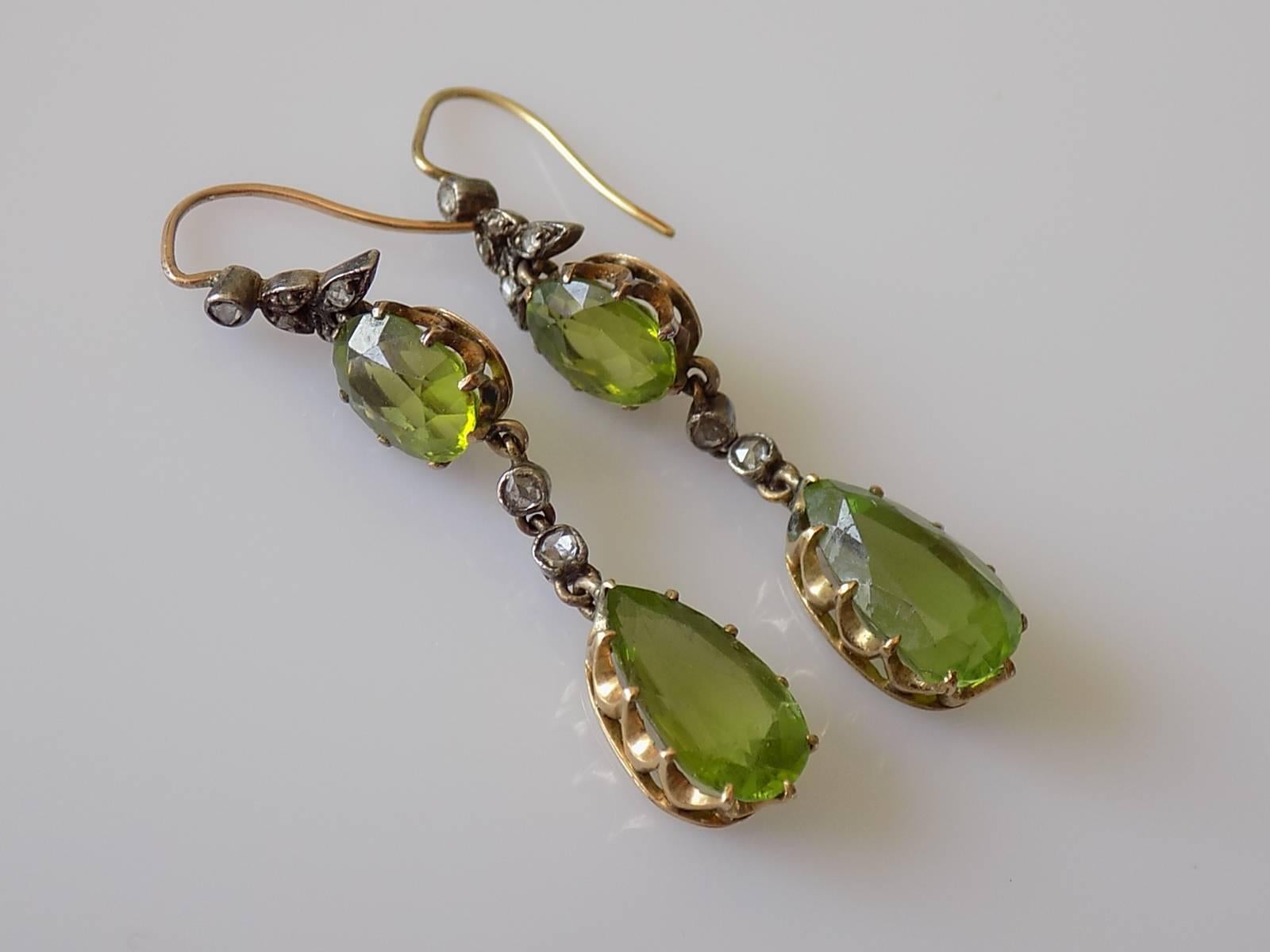 Victorian 6.6 Carat Peridot Rose Cut Diamond Silver Gold Earrings In Good Condition For Sale In Boston, Lincolnshire
