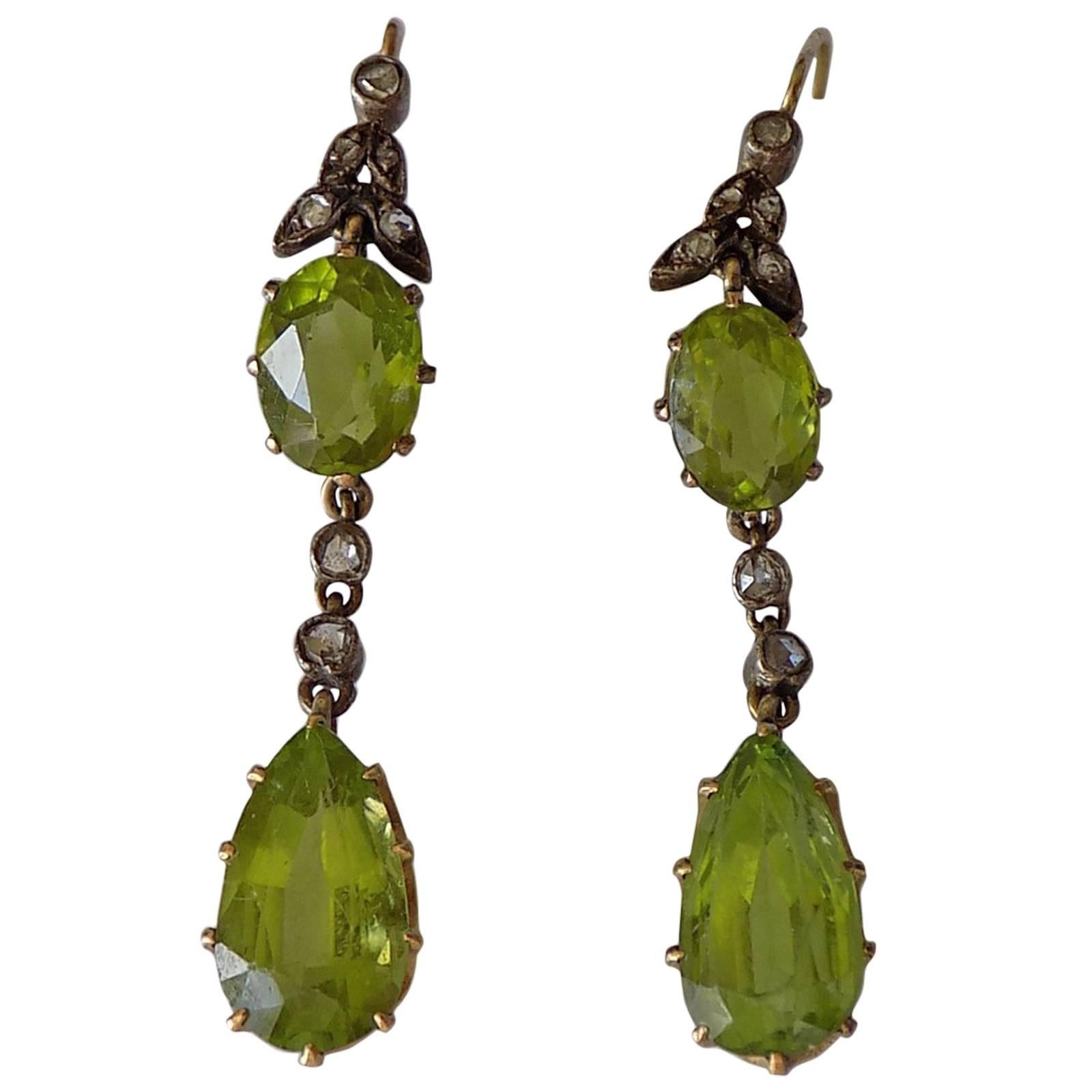 Victorian 6.6 Carat Peridot Rose Cut Diamond Silver Gold Earrings For Sale