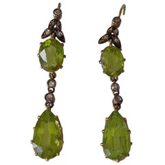 Antique Victorian 6.6 Carat Peridot Rose Cut Diamond Silver Gold Earrings