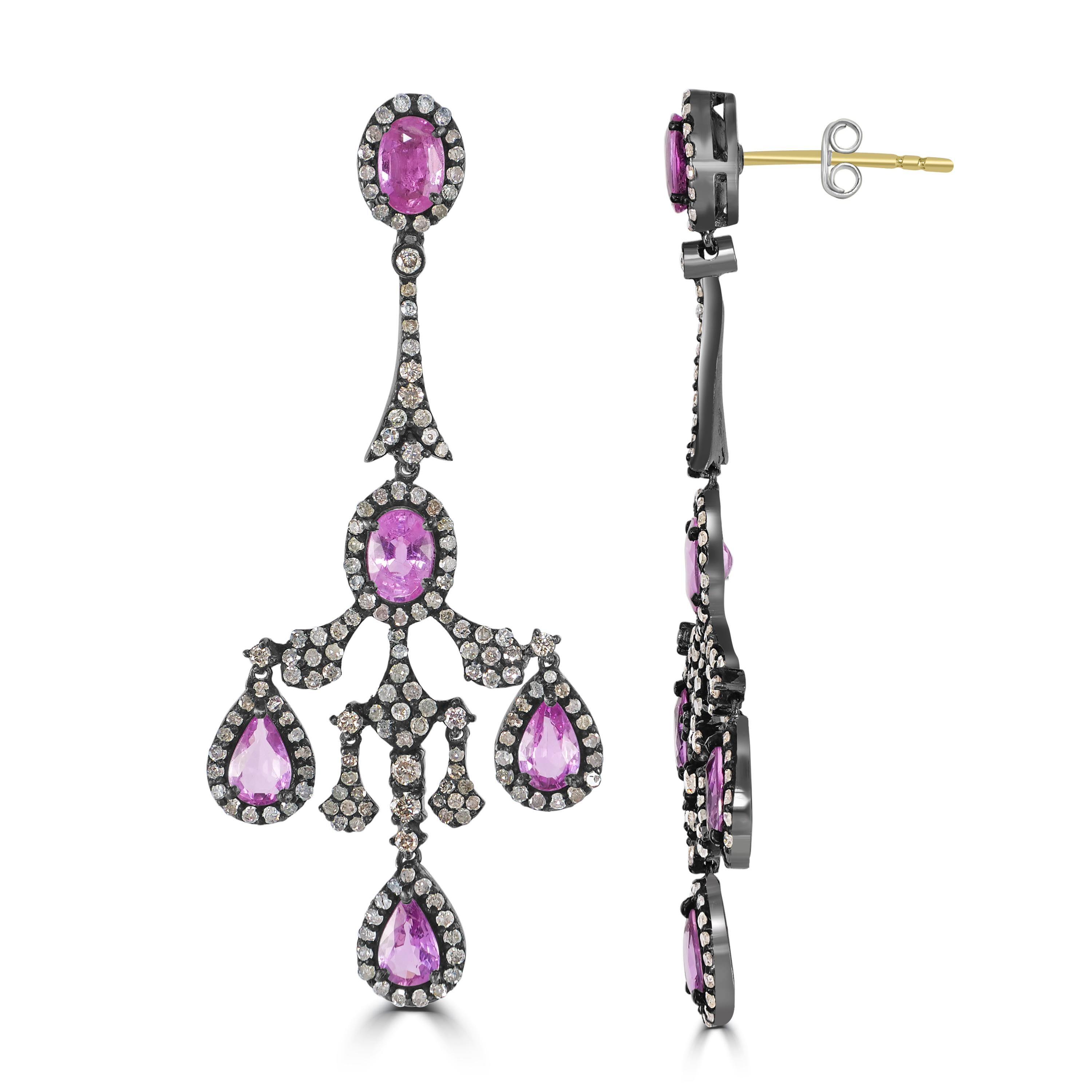 Pear Cut Victorian 6.6 Cttw. Pink Sapphire and Diamond Chandelier Earrings  For Sale