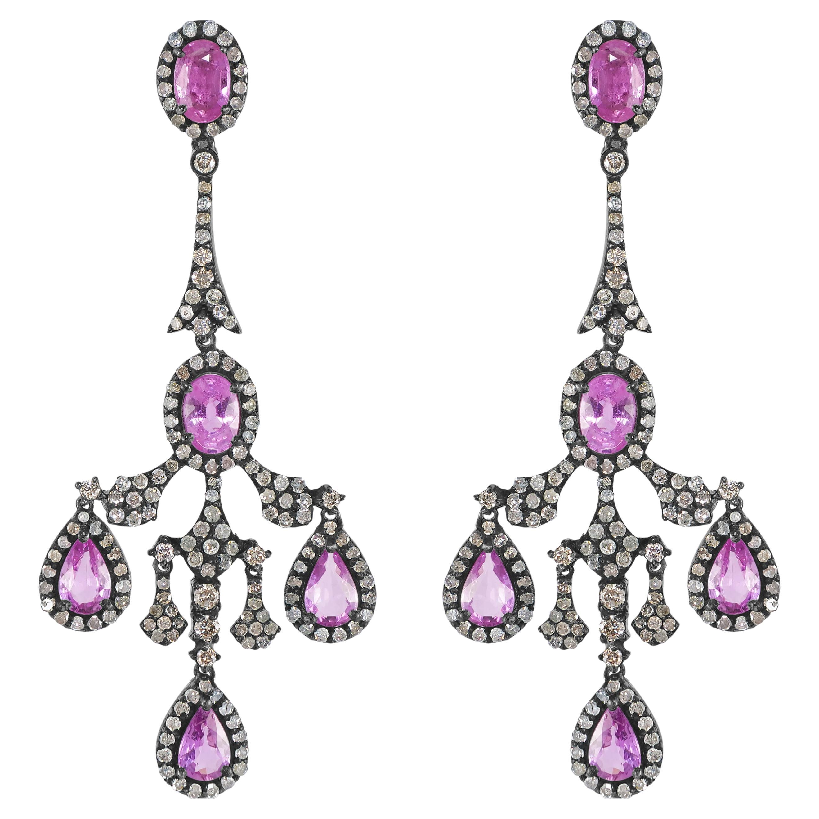 Victorian 6.6 ct. pt. Boucles d'oreilles chandelier en saphir rose et diamant  en vente