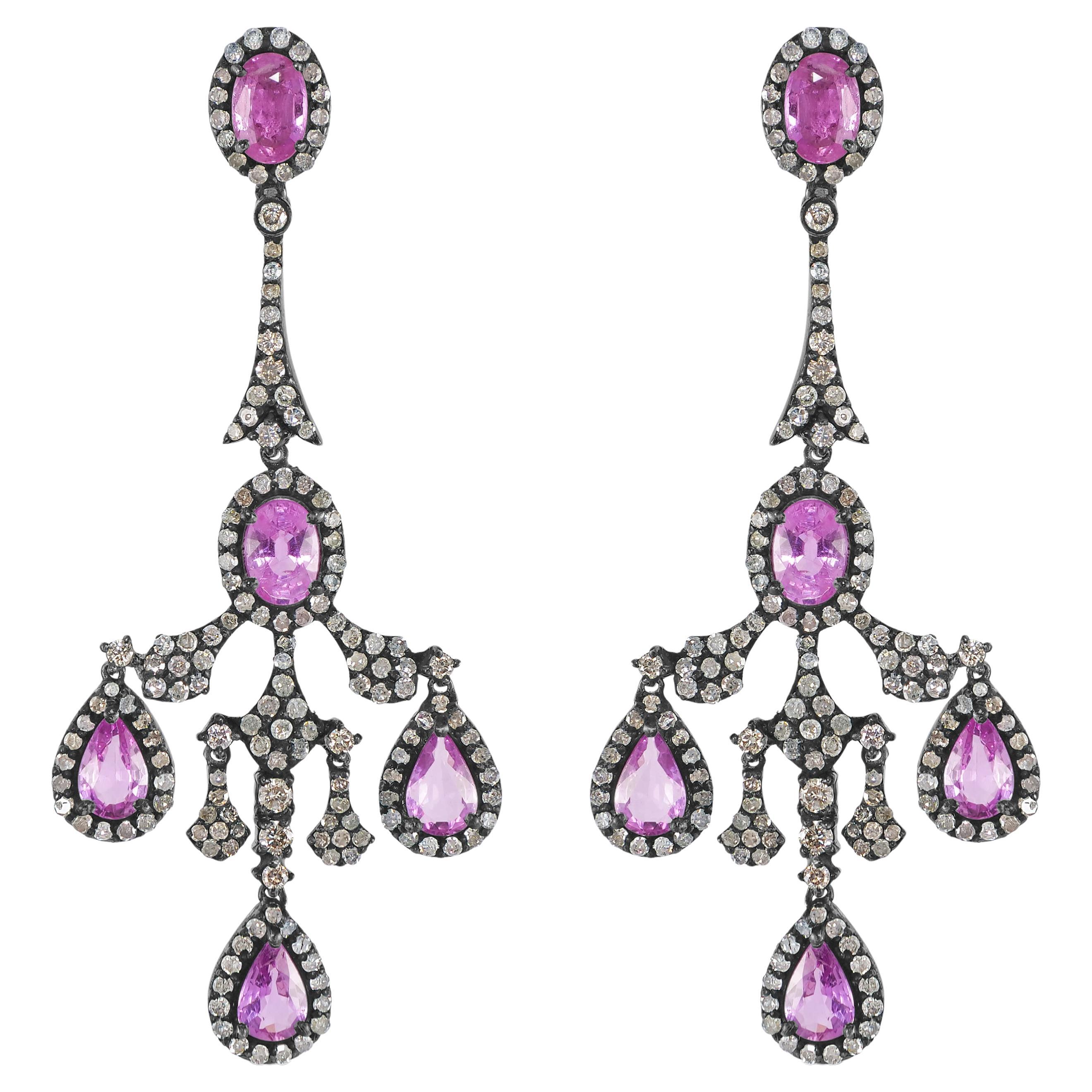 Victorian 6.75 Cttw. Natural Pink Sapphire/Diamond Chandelier Earrings In 18K/SS