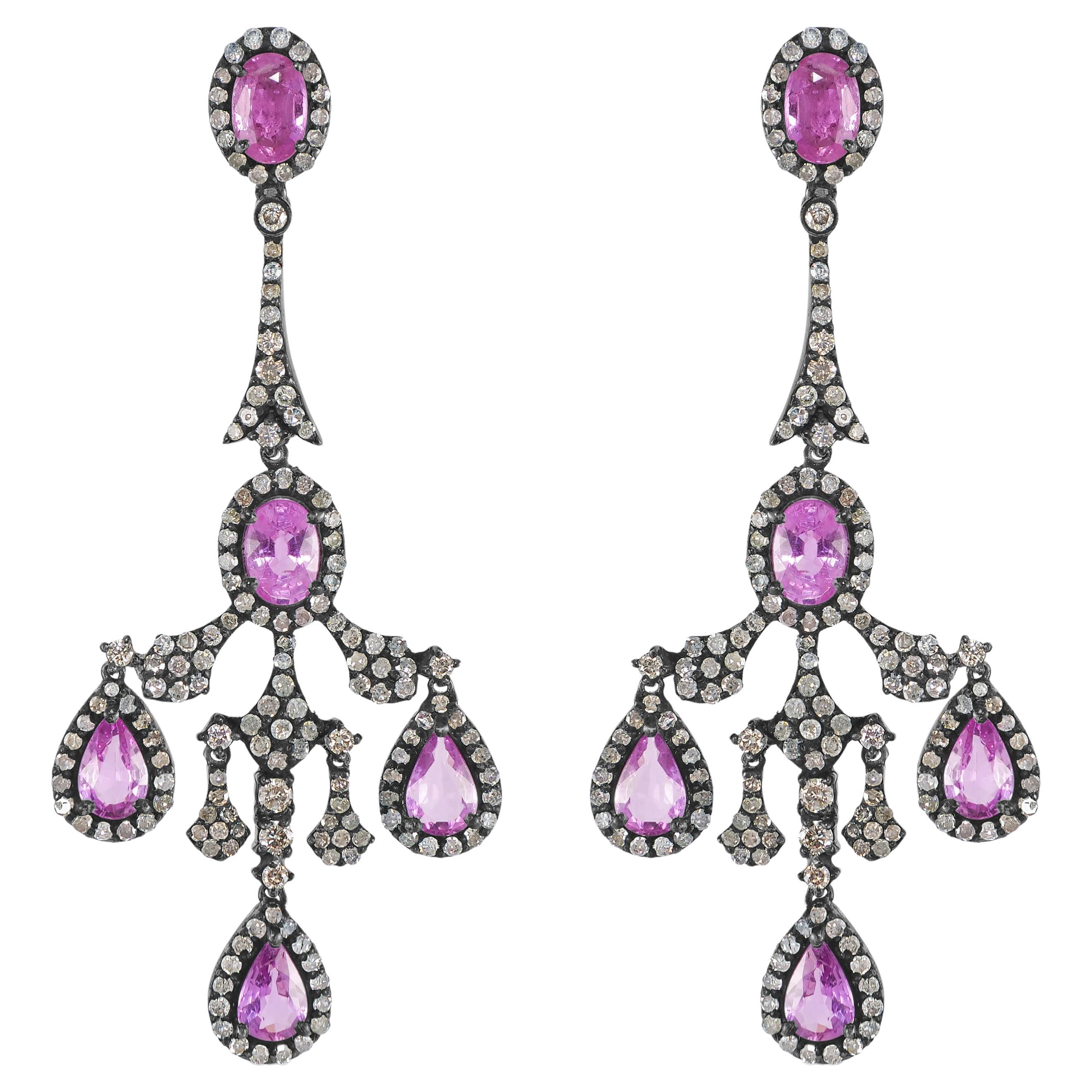 Victorian 6.6 ct. pt. Boucles d'oreilles chandelier en saphir rose et diamant 