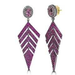 Victorian 6.82 Cttw. Pink Sapphire, Diamond and Ruby Fern Leaf Dangle Earrings