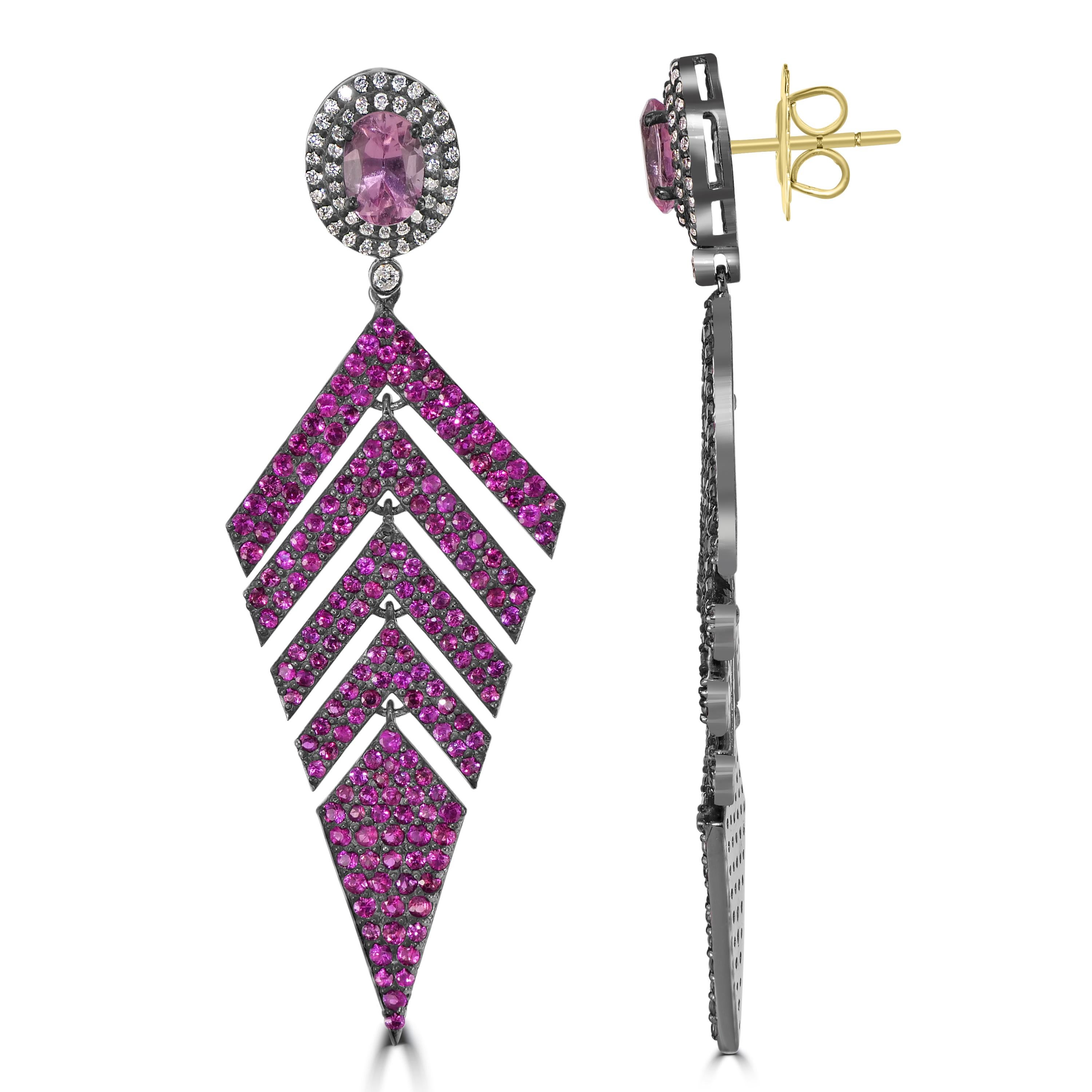 Viktorianisch 6.82 Cttw. Farnblatt-Ohrringe mit rosa Saphiren, Diamanten und Rubinen (Ovalschliff) im Angebot