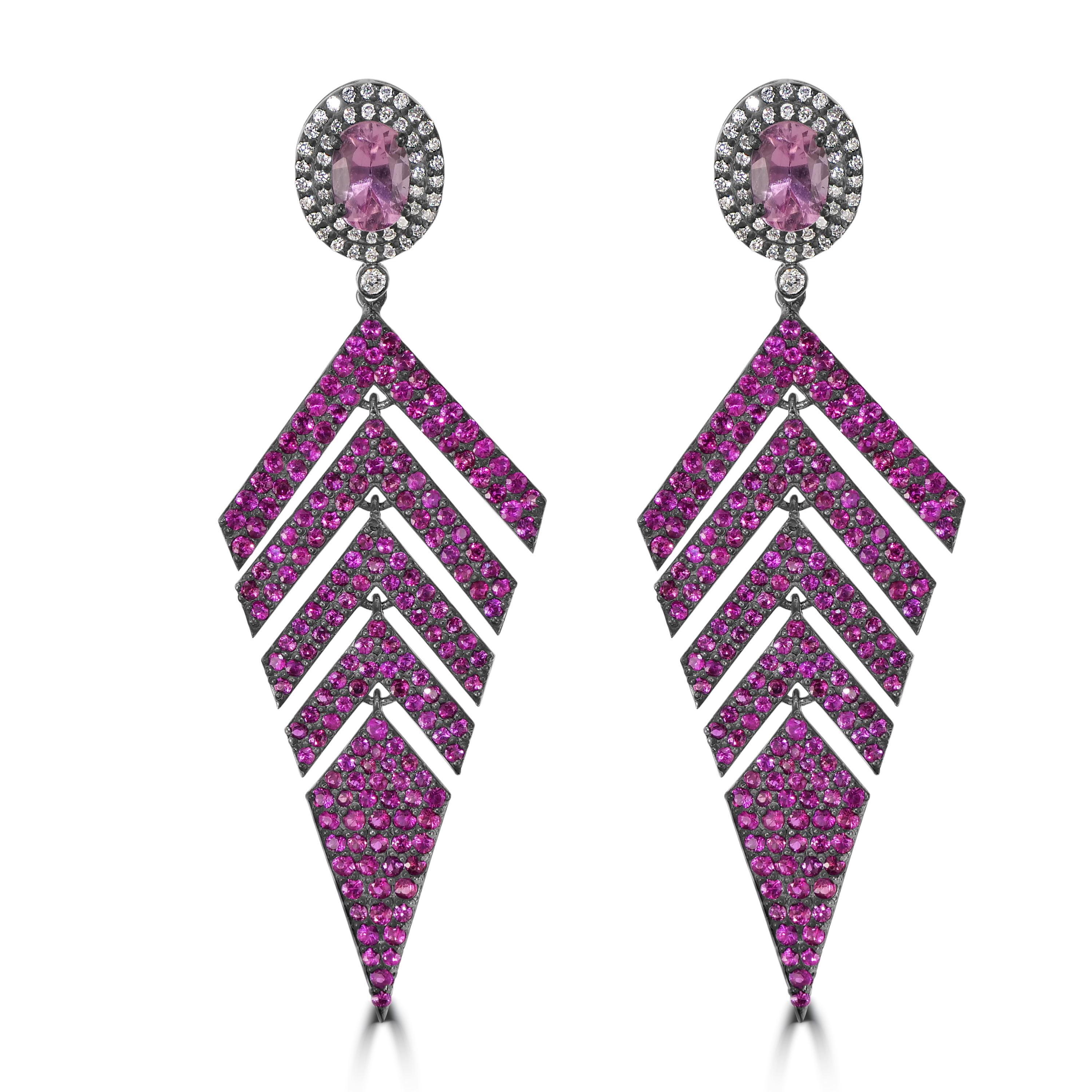 Victorian 6.82 Cttw. Pink Sapphire, Diamond and Ruby Fern Leaf Dangle Earrings In New Condition For Sale In New York, NY