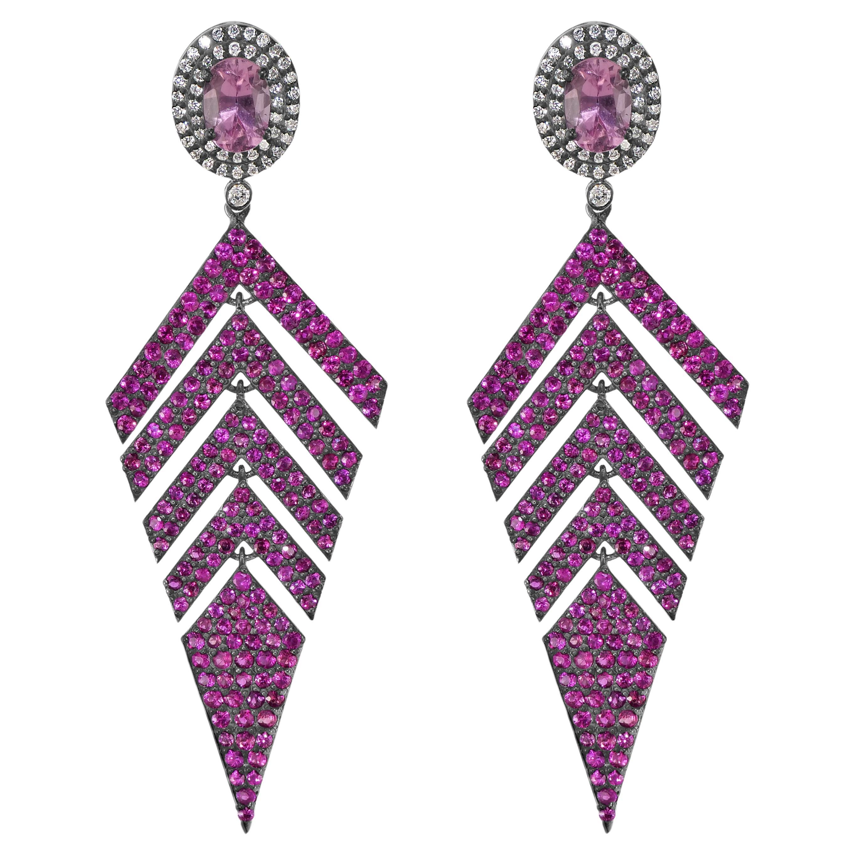 Victorian 6.82 Cttw. Pink Sapphire, Diamond and Ruby Fern Leaf Dangle Earrings For Sale