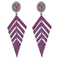 Victorian 6.82 Cttw. Pink Sapphire, Diamond and Ruby Fern Leaf Dangle Earrings
