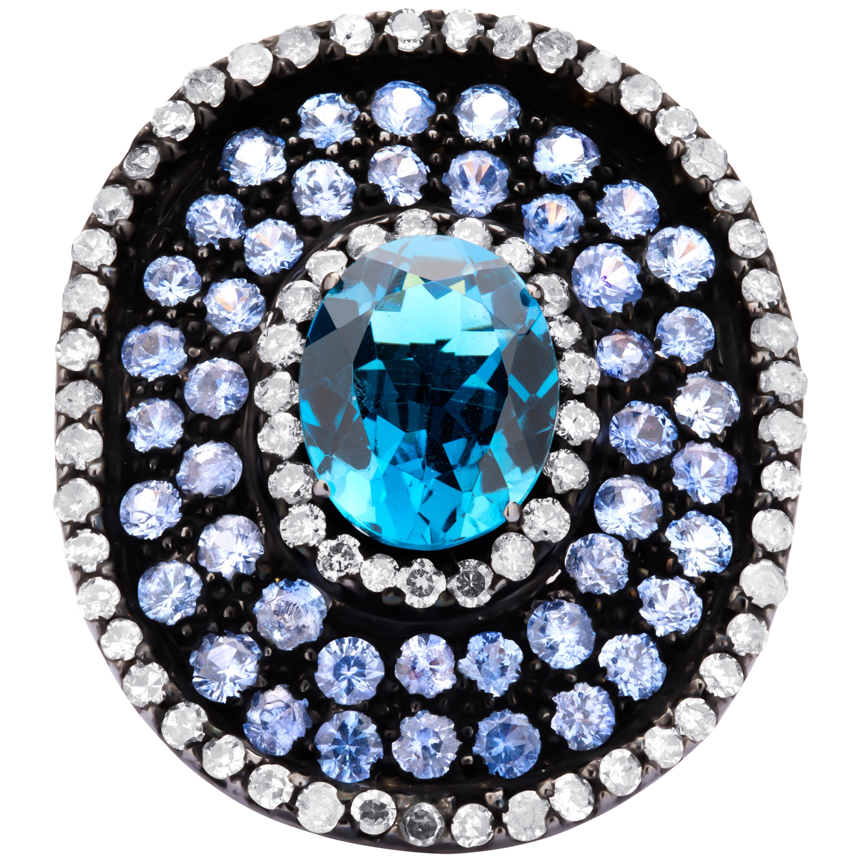 Oval Cut Victorian 6 Carat T.W Blue Topaz, Blue Sapphire and Diamond Cluster Ring
