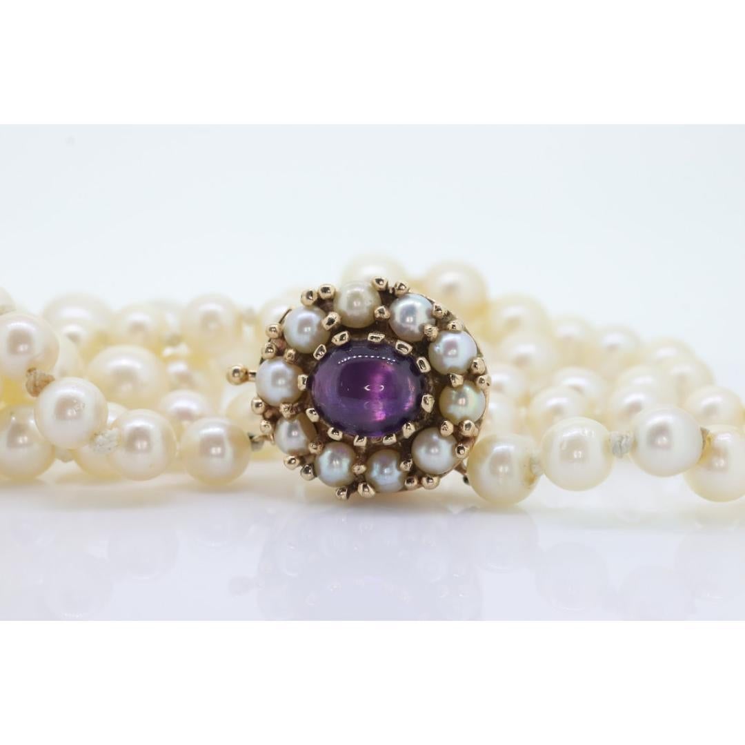 Collana vittoriana di perle da 6 mm a 10 mm con ametista e chiusura con semi di perla in 14k. 24 pollici In condizioni buone in vendita a Port Charlotte, FL