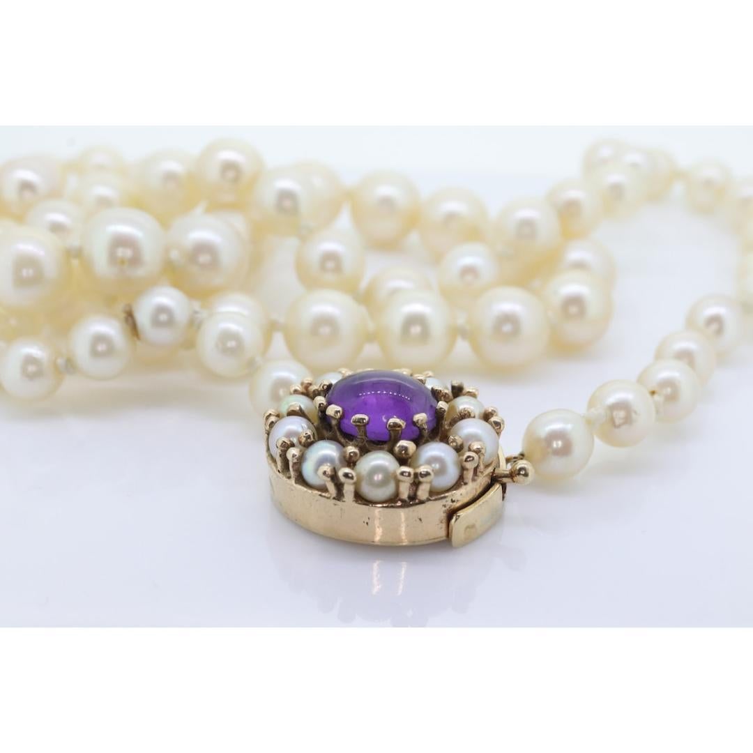 Donna Collana vittoriana di perle da 6 mm a 10 mm con ametista e chiusura con semi di perla in 14k. 24 pollici in vendita