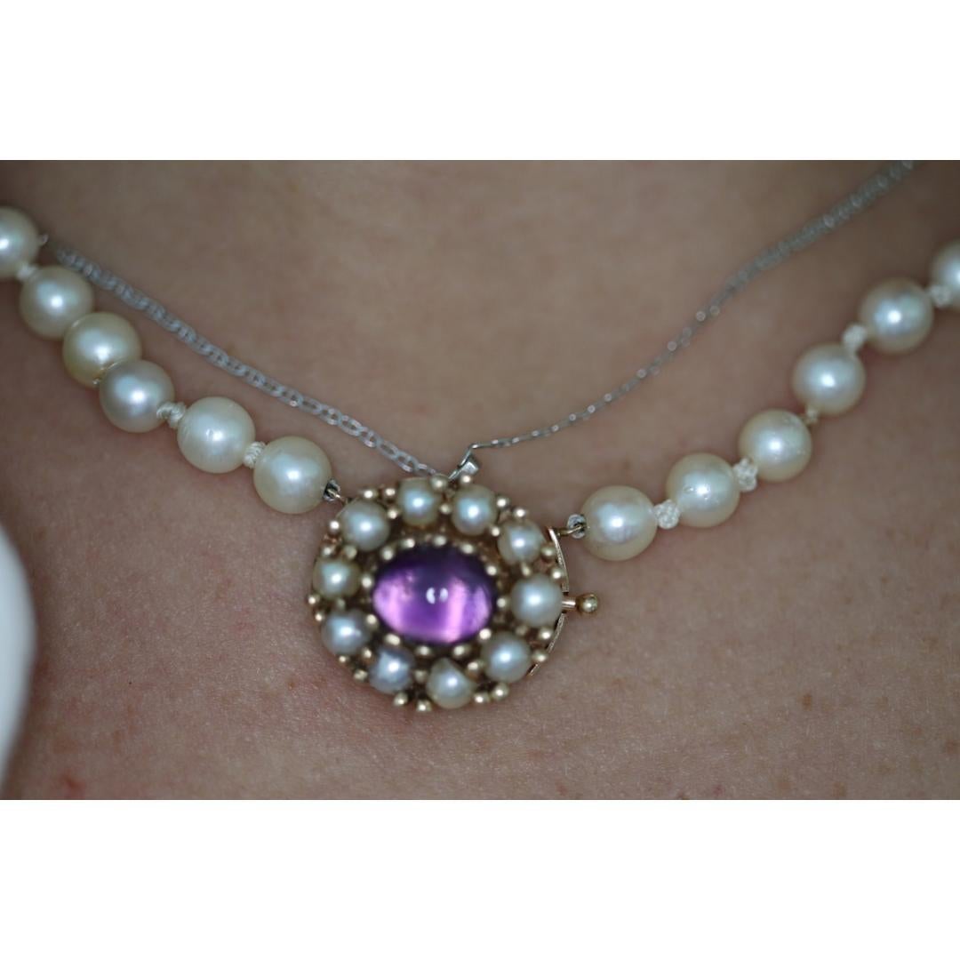 Collana vittoriana di perle da 6 mm a 10 mm con ametista e chiusura con semi di perla in 14k. 24 pollici in vendita 5