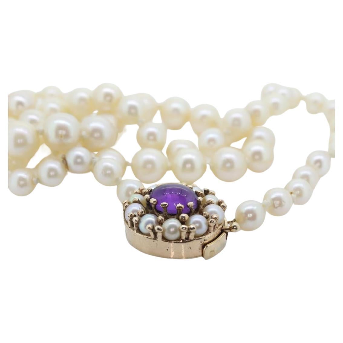 Victorian 6mm-10mm Pearl necklace with Amethyst and pearl seed 14k clasp. 24in