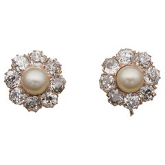 Antique Victorian 7 mm. Pearl 4.80 Diamond Earrings