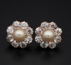 Victorian Natural Pearl 4.80 Carat Old Cut Diamond Earrings