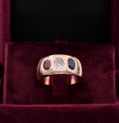 Victorian .70 Ct Old Mine Diamond Ruby Sapphire Three Stone ring 18 KT