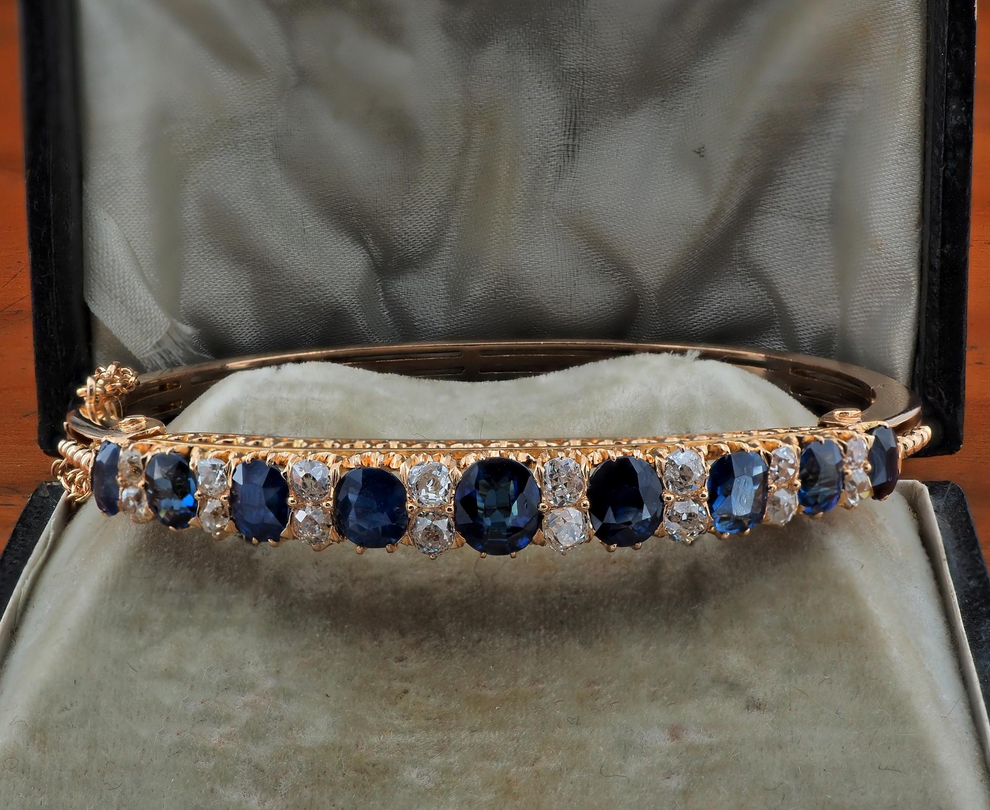 Antique Cushion Cut Victorian 7.20 Ct Natural Untreated Sapphire 2.40 Ct Diamond 18 Kt Bangle For Sale