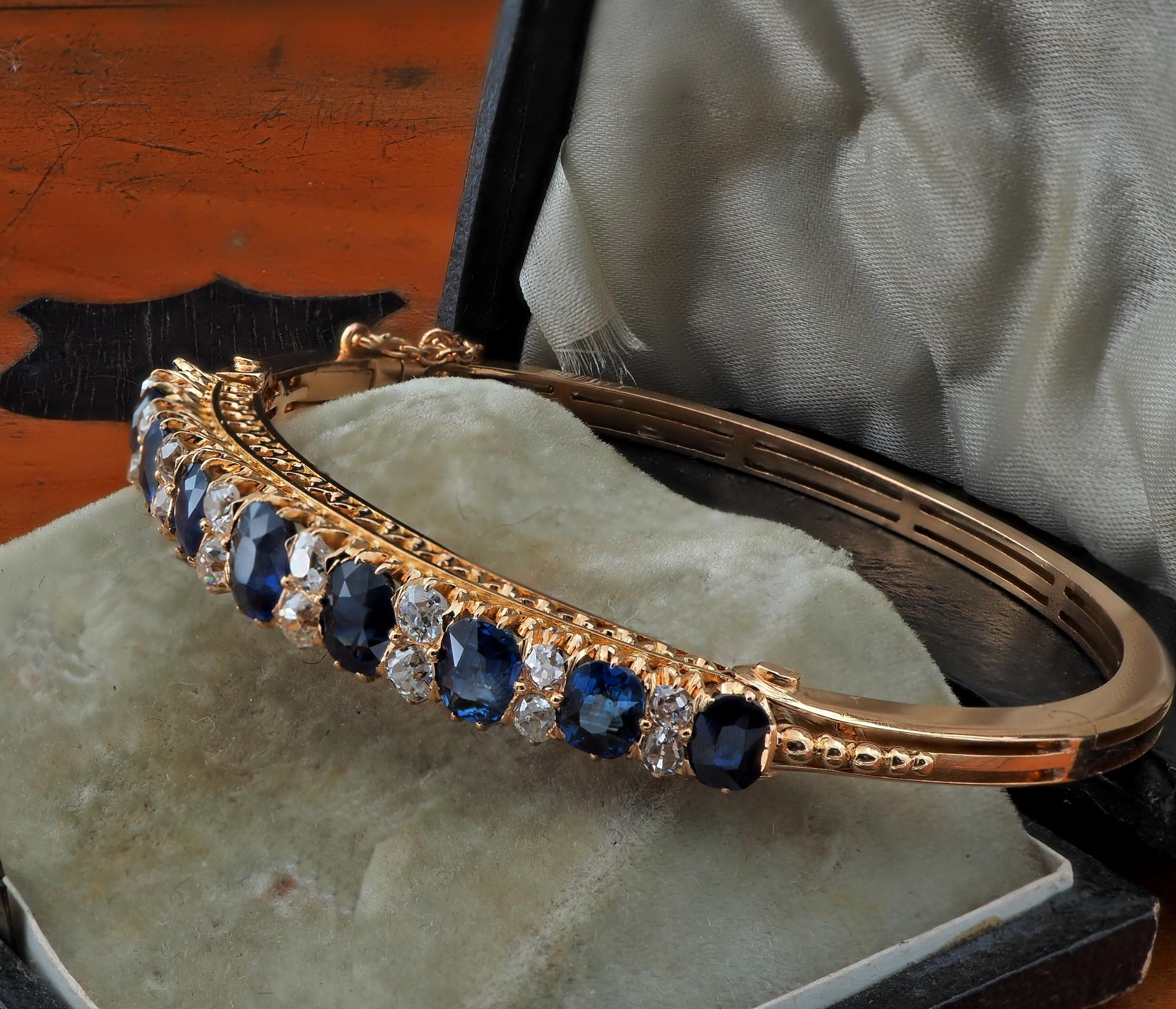 Victorian 7.20 Ct Natural Untreated Sapphire 2.40 Ct Diamond 18 Kt Bangle For Sale 3