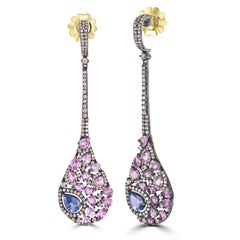 Victorian 7.28 Cttw. Natural Pink & Blue Sapphire/Diamond Earrings in 18K/SS