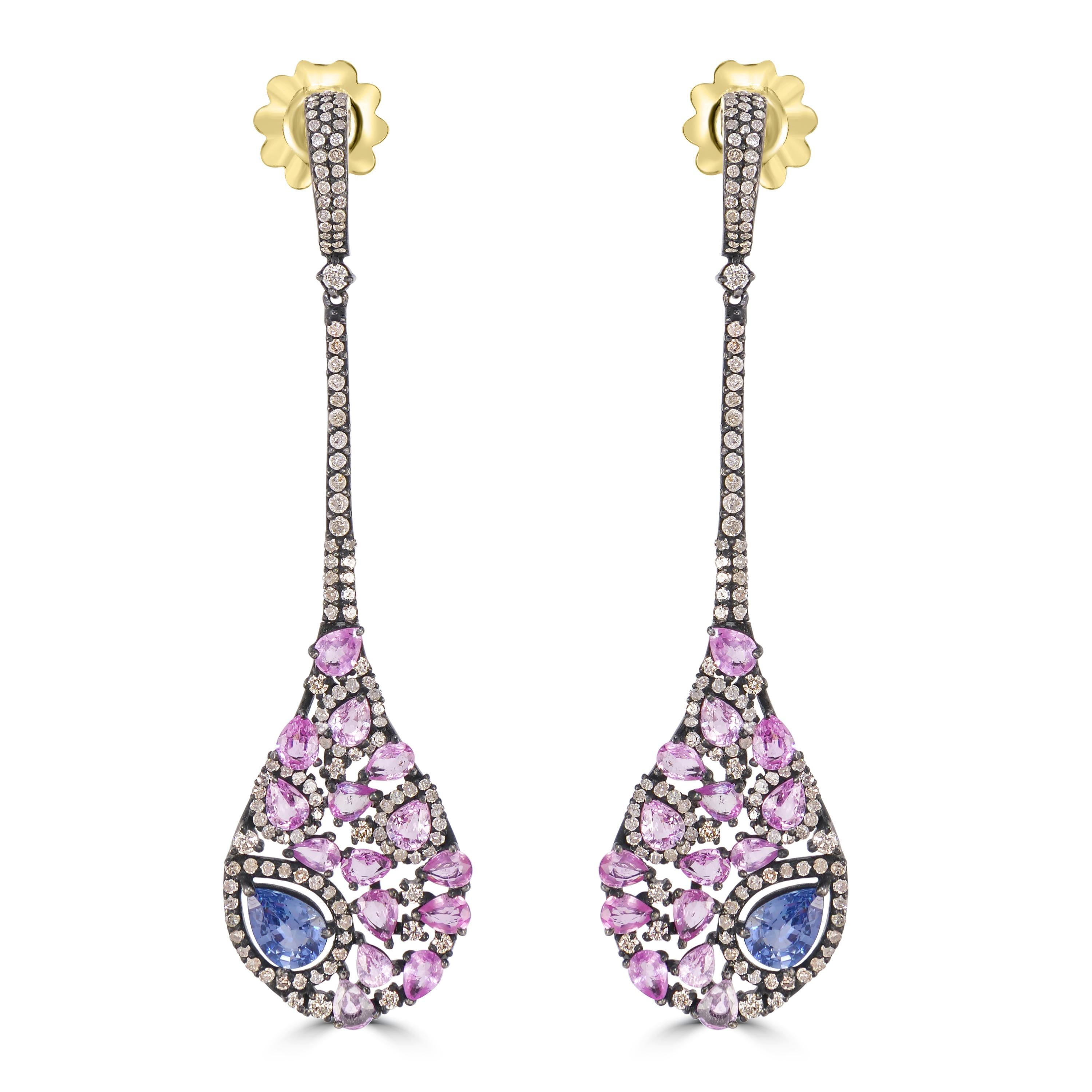 Victorian 7.28 Cttw. Sapphire and Diamond Long Drop Earrings in 18K /925 In New Condition For Sale In New York, NY