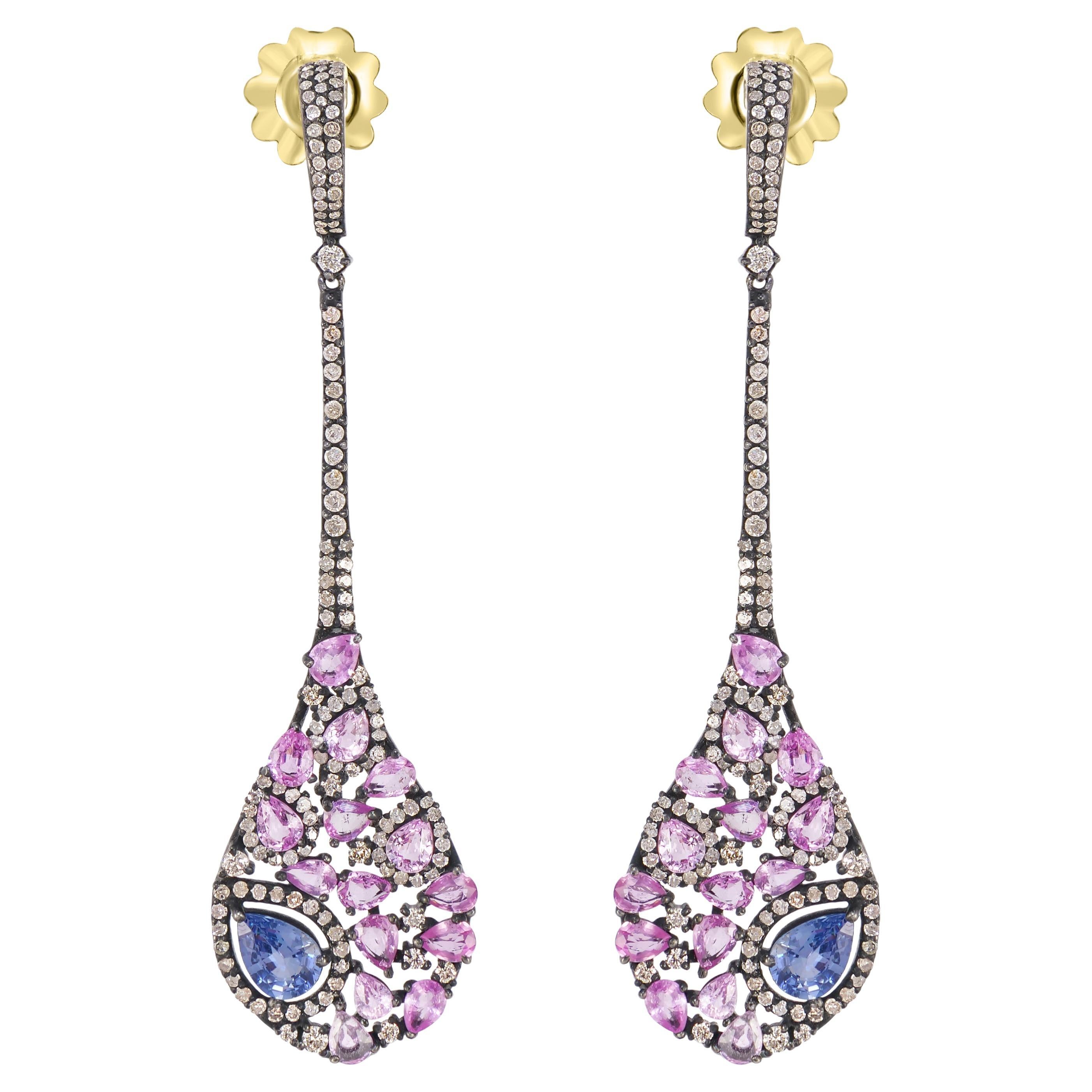 Victorian 7.28 Cttw. Sapphire and Diamond Long Drop Earrings in 18K /925 For Sale