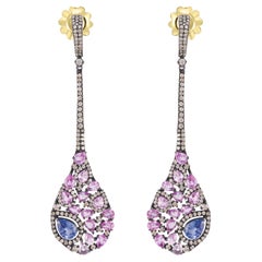 Victorian 7.28 Cttw. Natural Pink & Blue Sapphire/Diamond Earrings in 18K/SS
