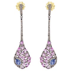 Victorian 7.28 ct. pt. Boucles d'oreilles longues en saphir et diamant en 18K /925