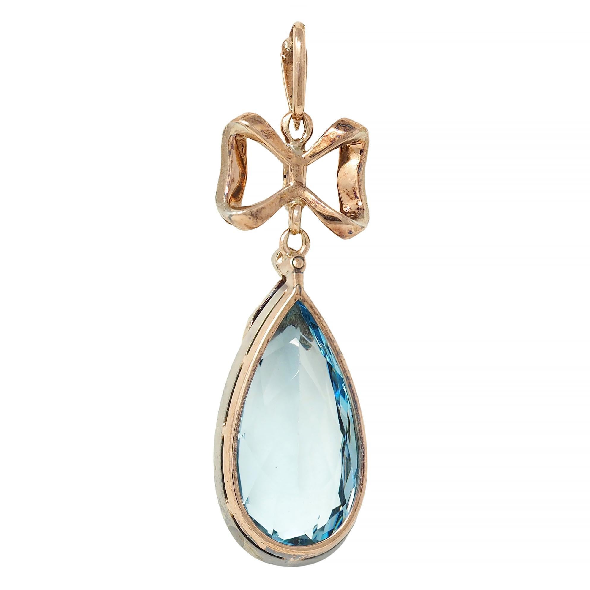 Pear Cut Victorian 7.50 CTW Aquamarine Diamond 14K Gold Silver Antique Bow Pendant For Sale