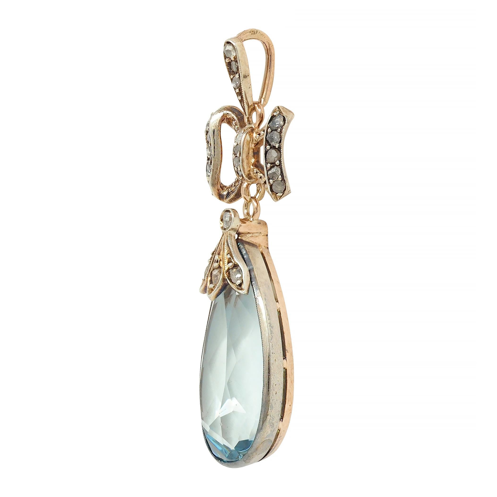 Victorian 7.50 CTW Aquamarine Diamond 14K Gold Silver Antique Bow Pendant In Excellent Condition For Sale In Philadelphia, PA